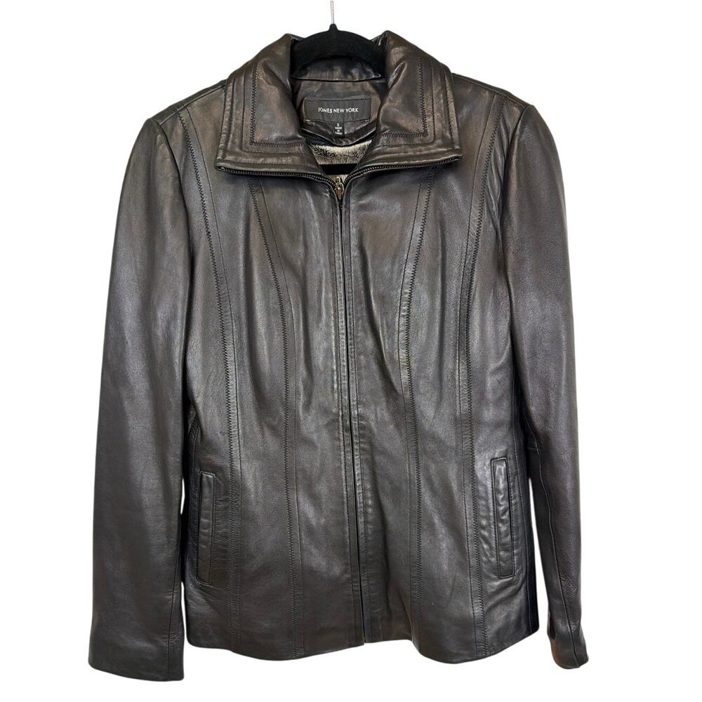 Jones New York Black Zip Front Zigzag Stitch Lined Leather Jacket Coat S